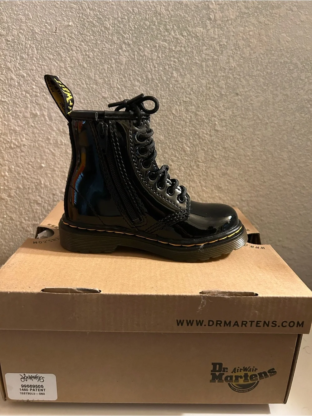 Dr. Martens Black Patent Lace-Up Ankle Boots with Yellow Stitching